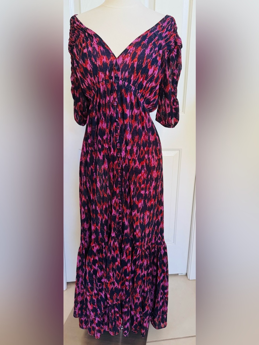 Anthropologie Pink & Red Patterned Midi Button-Front Dress